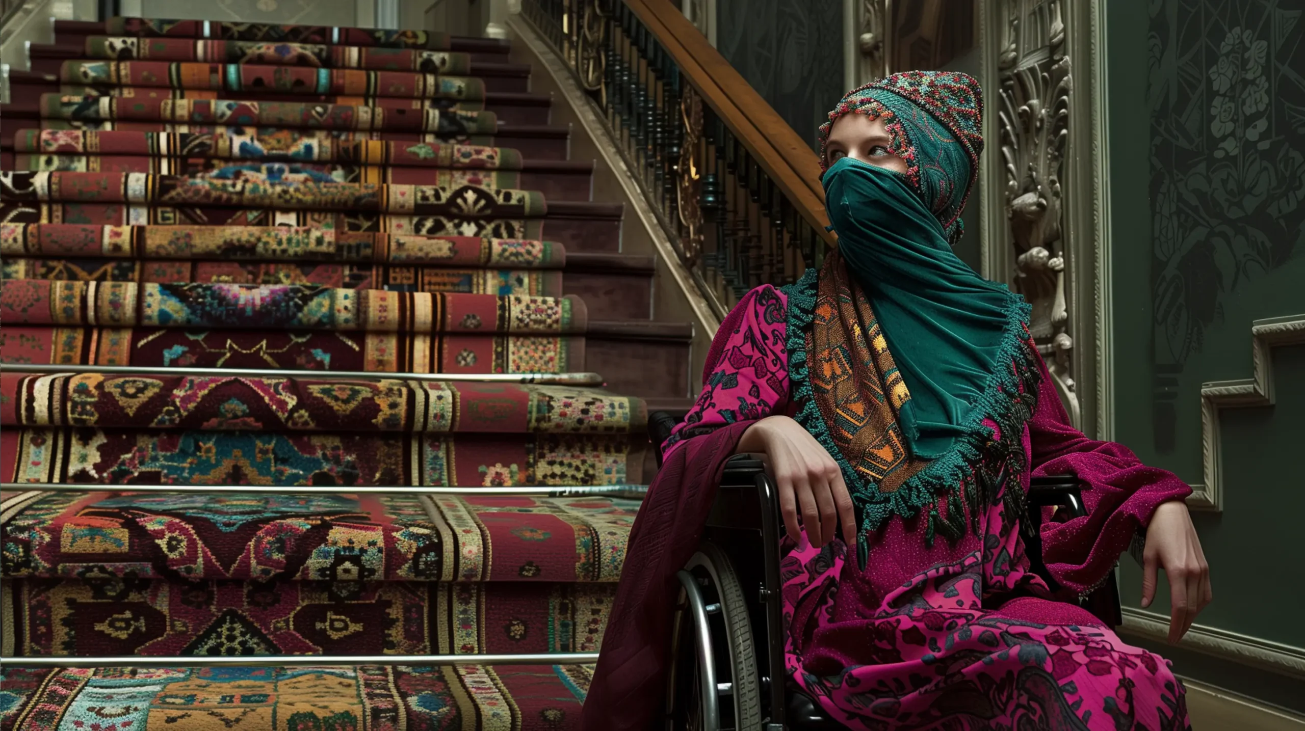 Young disabled woman in a wheelchair, wearing a raspberry-magenta dress and a deep-teal headscarf, facing a long staircase in a government building, highlighting accessibility barriers.