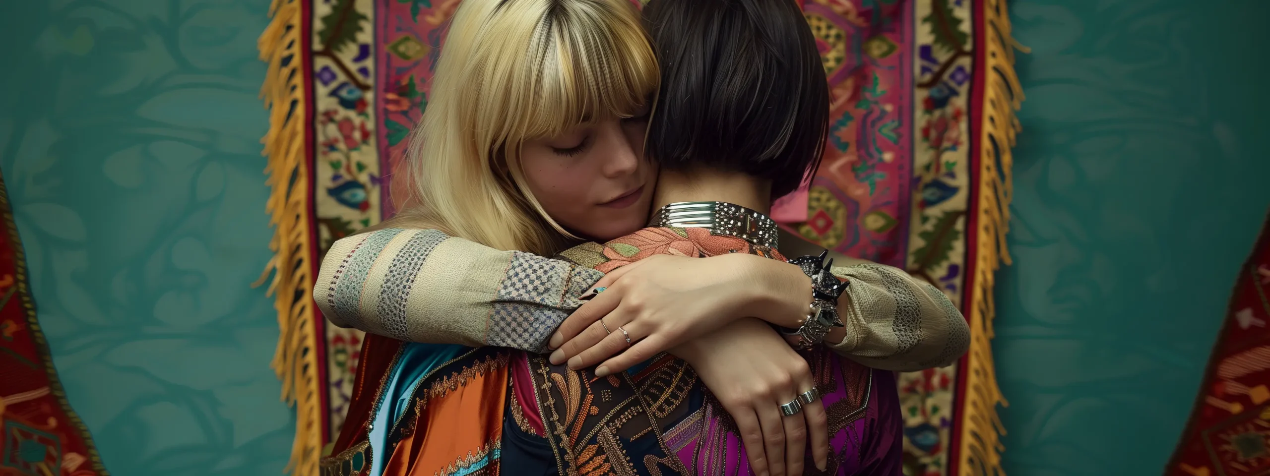 Two young women friends embracing: one with long blonde hair, the other with short dark hair, both dressed in colourful, unconventional clothing with chunky metal jewellery, standing before a deep-teal wall decorated with a hanging textile featuring traditional patterns.