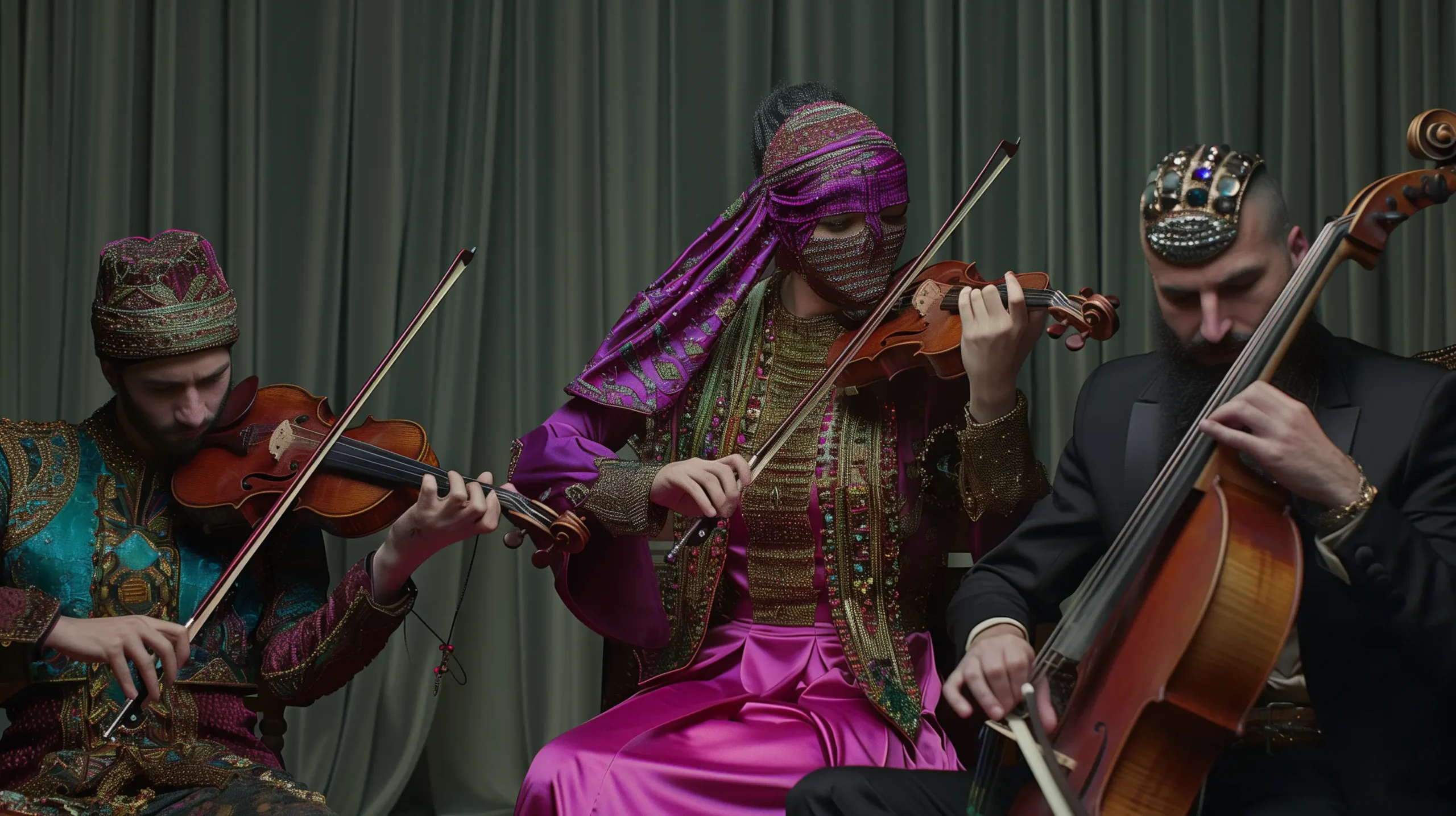 Three-piece string ensemble with a woman in dark violet in the centre, flanked by two men. All wear unconventional outfits combining traditional and modern styles, decorated with beads and various fabrics, with a curtain backdrop.