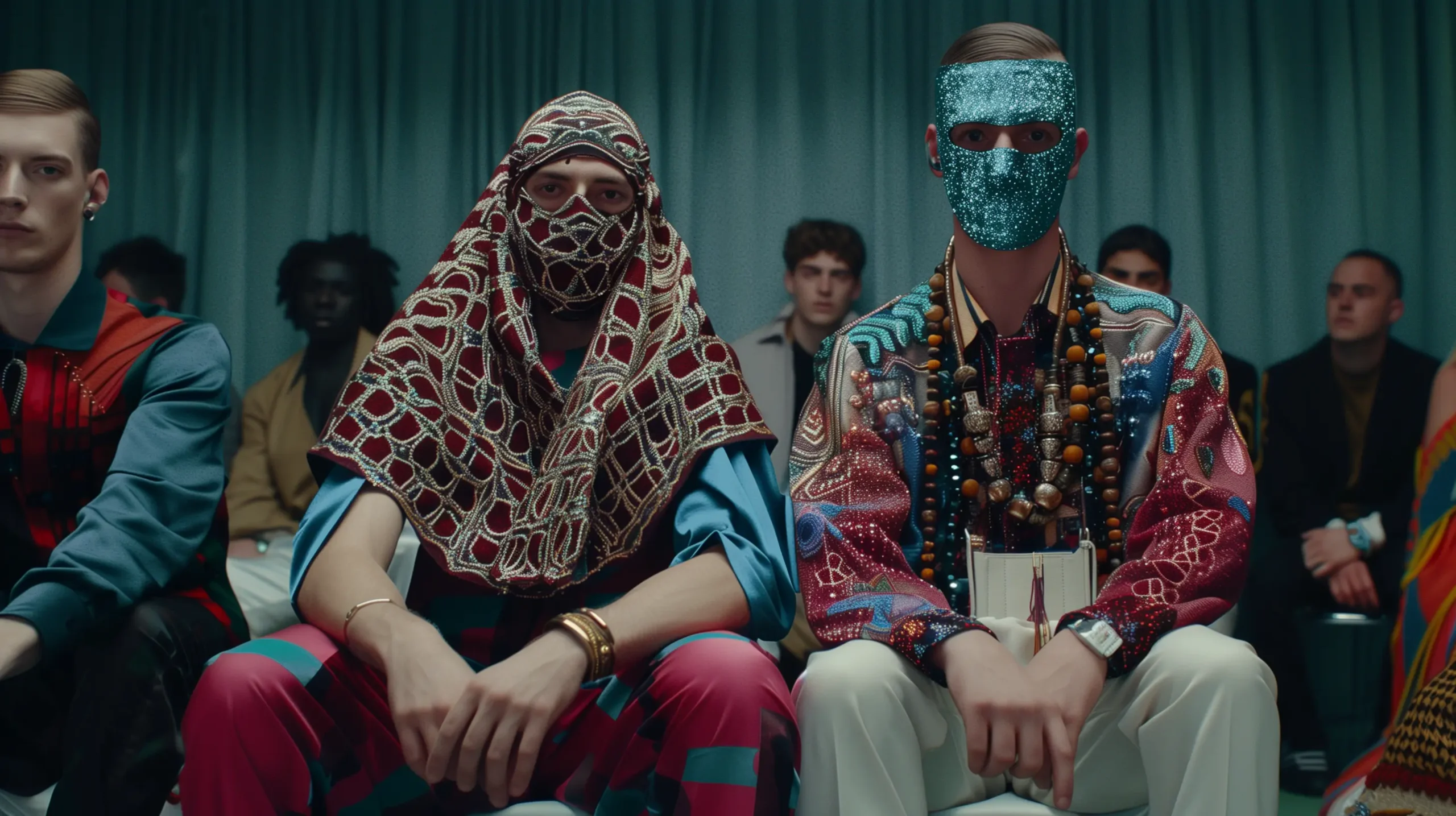 Two young men in the front row of a men’s fashion show, wearing unconventional, colourful outfits with head coverings, one in a blue sequined mask and the other with a large headscarf, both focused on the runway. Soft blue tones dominate the scene.
