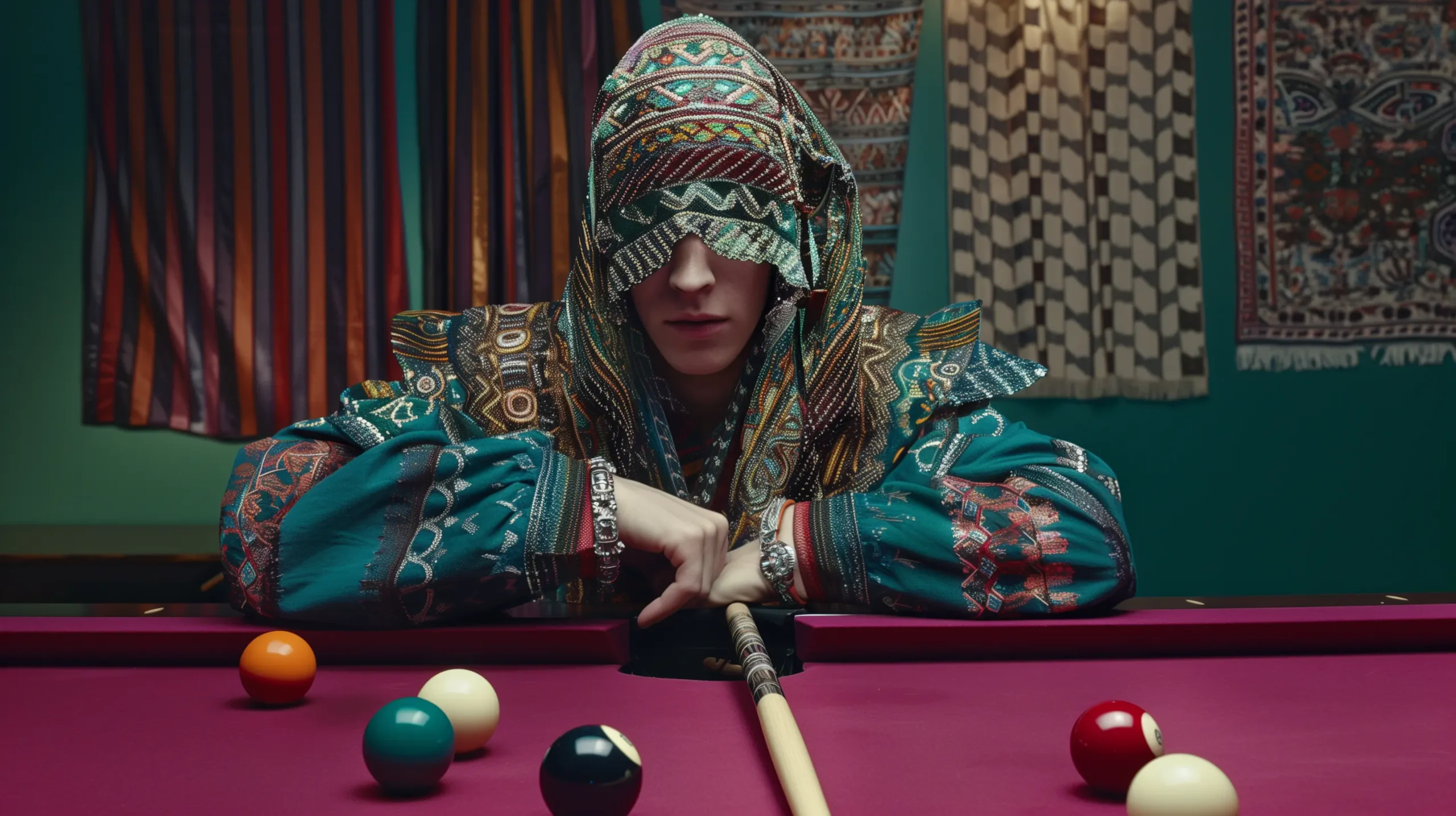 Young man at a raspberry-magenta pool table, holding a cue casually, wearing intricate embroidered clothing with fabric draped over his eyes, six colourful billiard balls representing website categories, conceptual AI-generated image symbolising new perspectives and seeing the world differently