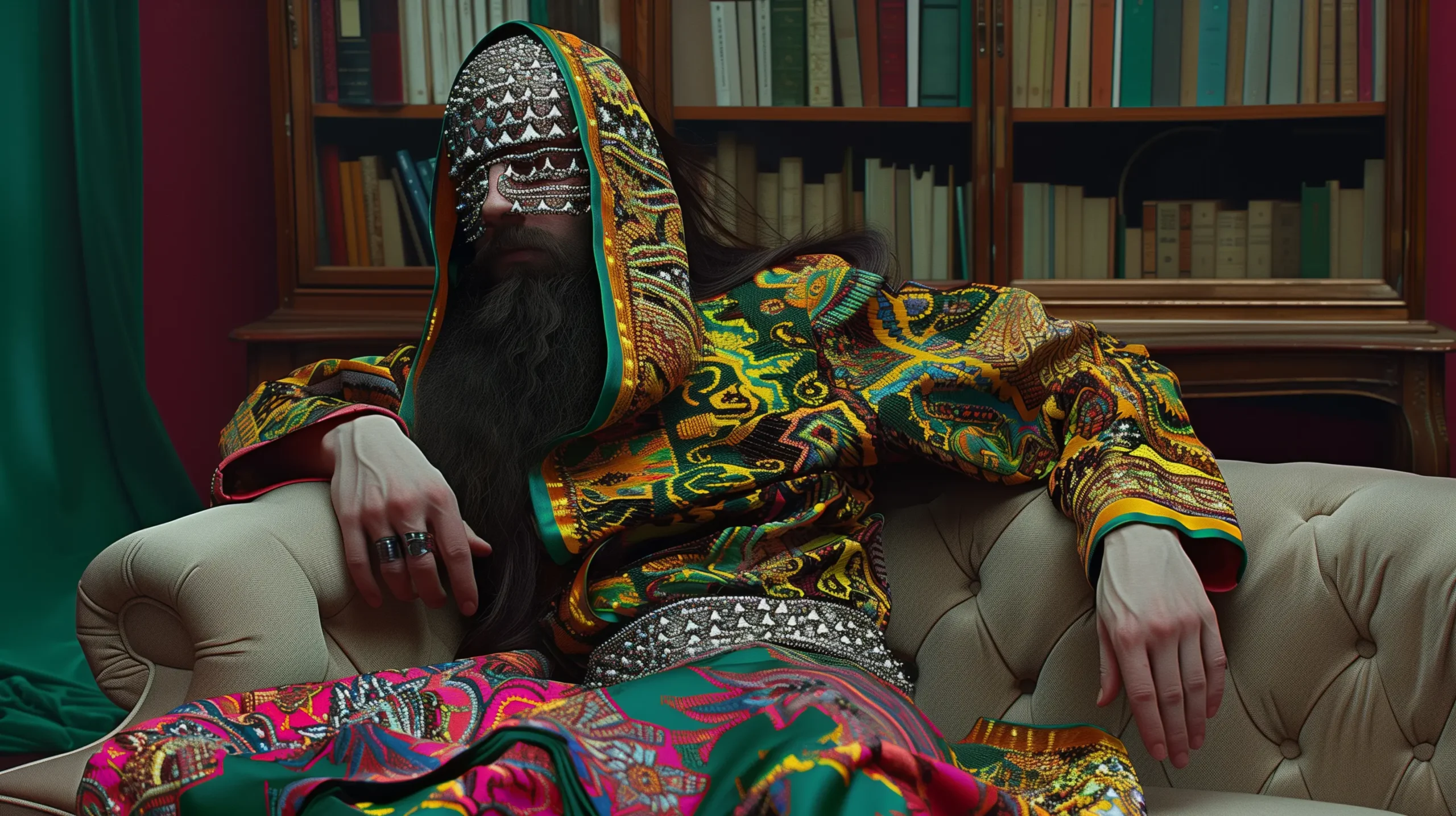 Man with long black hair and beard, reclining on a sofa during psychotherapy, wearing an edgy, colourful outfit with a skirt, head partially covered by fabric and face stylized with a metal mesh, against shelves filled with books, dominated by electric yellow-green Chartreuse.