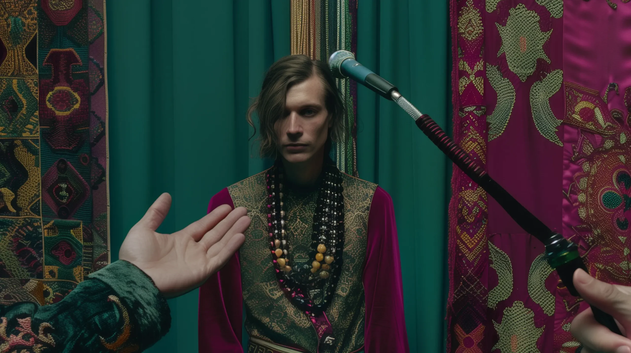 Man in traditional attire with a gilded vest and multiple handcrafted necklaces, standing before a deep teal curtain, interviewed by a journalist, hands visible holding a microphone and gesturing.