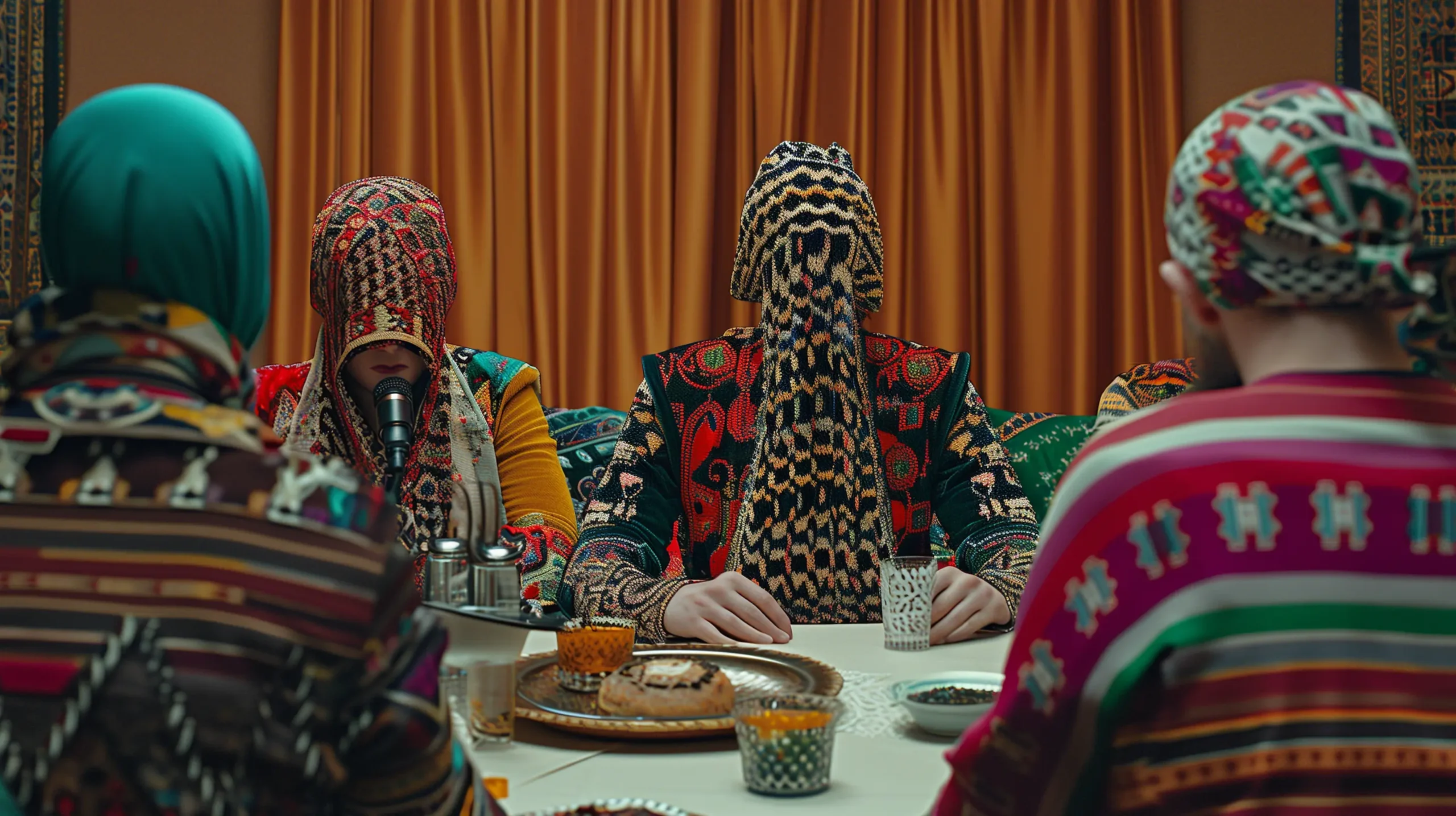 AI-generated image of a festive family dinner with five people at a table, dressed in colorful, fashion-forward outfits with headscarves, one speaking into a microphone, symbolizing a platform for user-submitted content.