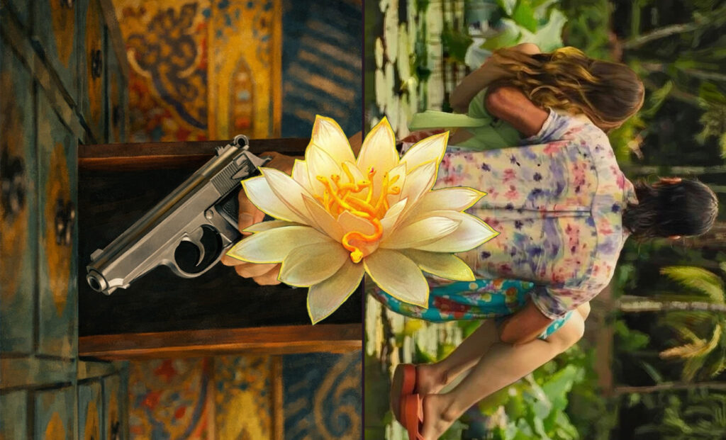 AI illustration split into two halves: on the left, a scene inspired by ‘The White’ showing a man’s hand holding a gun; on the right, a fictional generated scene matching the visual style of the series, with the original ‘The White Lotus’ HBO Max brand symbol placed in the centre to clearly identify the reference.