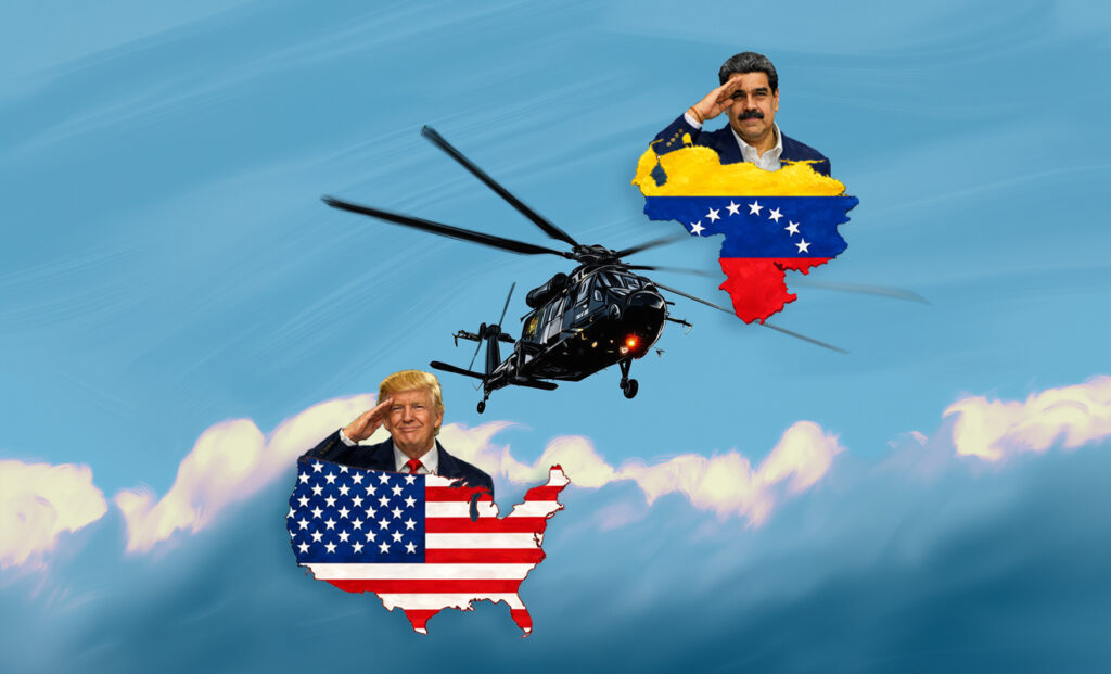 AI illustration of a military helicopter in flight, with Donald Trump and Nicolás Maduro saluting beside it, set over flag-maps of the United States and Venezuela, symbolising Maduro’s arrest and removal from the country.