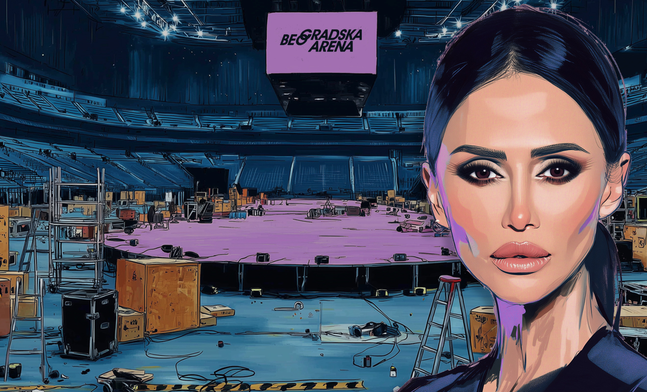 AI illustration of a large arena hall similar to Belgrade Arena, with a stage being assembled in the centre, while singer Emina Jahović is shown in close-up under testing spotlight lights during concert preparations.